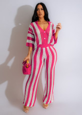 V-neck Hollow Out Striped Lapel Knit Pants Set ZSD-0318