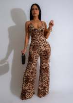 Leopard Print Backless Sling Micro Flare Jumpsuit AIL-274