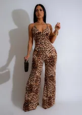 Leopard Print Backless Sling Micro Flare Jumpsuit AIL-274