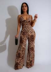 Leopard Print Backless Sling Micro Flare Jumpsuit AIL-274