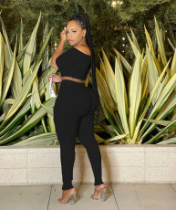 Rib Off Shoulder Hollow Out Pants Two Piece Set YD-8810