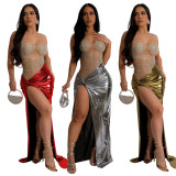 Hot Drill See Through Patchwork High Split Maxi Dress CYA-901170