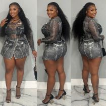 Plus Size Print Mesh Bodysuit + Halter Skirt Two Piece Set GYSF-3001