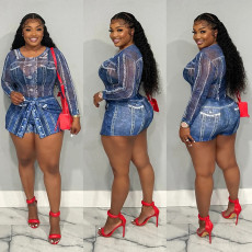 Plus Size Print Mesh Bodysuit + Halter Skirt Two Piece Set GYSF-3001