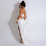 Tie Up Solid Color Slim Split Maxi Dress CYA-901188