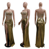 Hot Drill See Through Patchwork High Split Maxi Dress CYA-901170