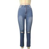 Casual High Waist Holes Pencil Jeans GZHY-733