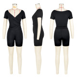 Solid Color Pleated V-Neck Two-Piece Set ASL-6721