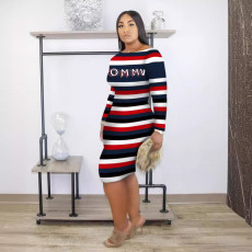 Plus Size Letter Print Striper Color Block Midi Dress OM-1760