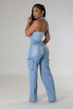 Sleeveless Halter Backless Denim Straight Jumpsuit LX-6981