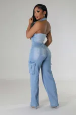 Sleeveless Halter Backless Denim Straight Jumpsuit LX-6981