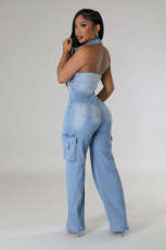 Sleeveless Halter Backless Denim Straight Jumpsuit LX-6981