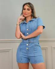 Short Sleeve Single Breasted Denim Romper LX-6982