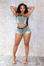 Sexy Wrap Chest Tops And Shorts Denim 2 Piece Set MEM-88581