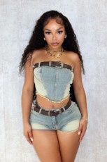 Sexy Wrap Chest Tops And Shorts Denim 2 Piece Set MEM-88581