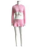 Color Block Long Sleeve Hooded Short Skirt Two Piece Set CH-24023
