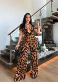 Leopard Print Tie Up Bra And Wide Leg Jumpsuit 2 Piece Set TE-4684