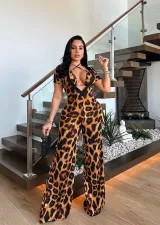 Leopard Print Tie Up Bra And Wide Leg Jumpsuit 2 Piece Set TE-4684