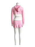 Color Block Long Sleeve Hooded Short Skirt Two Piece Set CH-24023