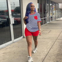 Plus Size Stripe Print Short Sleeve Shorts 2 Piece Set SH-3768