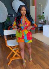 Long Sleeve Print Shirt Two Piece Shorts Set TE-4685