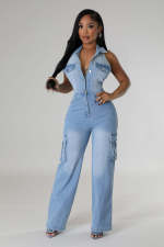 Sleeveless Halter Backless Denim Straight Jumpsuit LX-6981