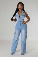 Sleeveless Halter Backless Denim Straight Jumpsuit LX-6981