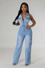Sleeveless Halter Backless Denim Straight Jumpsuit LX-6981