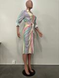 Fashion Print Tie Up Shirt Dress OD-8690