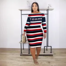 Plus Size Letter Print Striper Color Block Midi Dress OM-1760