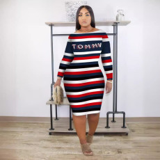 Plus Size Letter Print Striper Color Block Midi Dress OM-1760