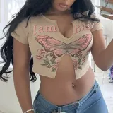 Sexy Butterfly Print Short Sleeve U Neck T-Shirt GYZY-8906