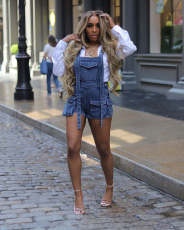 Washed Denim Loose Fit Romper Back Shorts NYF-8169