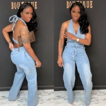Sexy Backless Halter Denim Jumpsuit MK-3205
