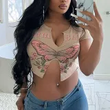 Sexy Butterfly Print Short Sleeve U Neck T-Shirt GYZY-8906