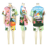 Print Short Sleeve Color Block Two Piece Shorts Set DDF-88234