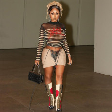 Letter Print Stripe Mesh Patchwork Tops GZJQ-K23L36383