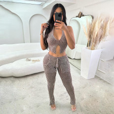 Sexy Knit Low Bust Cutout Slim Pants Suit  GZJQ-W23S36685