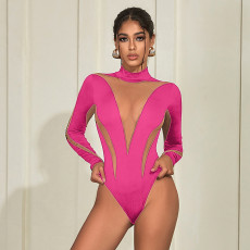 Mesh Patchwork Long Sleeve Tight Bodysuit GZJQ-K23K32150