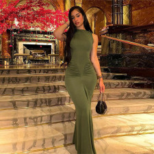 Solid Color Pleated Sleeveless Maxi Dress GZJQ-K24D43233