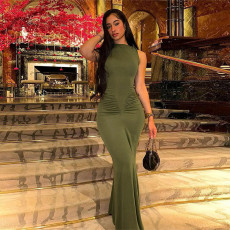 Solid Color Pleated Sleeveless Maxi Dress GZJQ-K24D43233