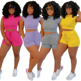 Solid Sport Short Sleeve T Shirt Two Piece Shorts Set BMF-2168