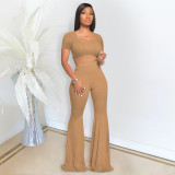 Solid Color Short Sleeve Flare Pant 2 Piece Set DDF-8073