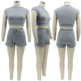 Solid Sport Short Sleeve T Shirt Two Piece Shorts Set BMF-2168