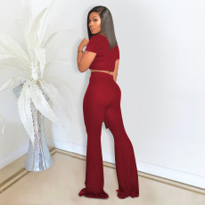 Solid Color Short Sleeve Flare Pant 2 Piece Set DDF-8073
