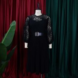 Lace Hollow Out Patchwork Solid Midi Dress GATE-254