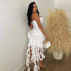 Sexy Solid Irregular Tassel High Split Midi Dress CYA-901043