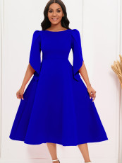 Solid Color 3/4 Sleeve Big Swing Midi Dress GATE-413