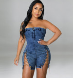 Wear Copper Chain Sexy Strapless Denim Dress GDAM-218117