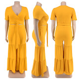 Plus Size Solid  Tie Up Short Sleeve Two Piece Pant Set GDAM-218191
